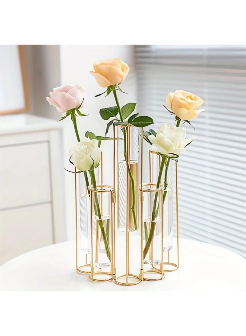 Gold Metal Test Tube Vase with 5 Glass Tubes and Wrought Iron Stand for Wedding Centerpiece Home Decor Table Display Stunning Sturdy Elegant Hydroponic Plant Flower Vase - Image 3
