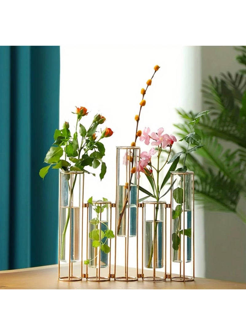 Gold Metal Test Tube Vase with 5 Glass Tubes and Wrought Iron Stand for Wedding Centerpiece Home Decor Table Display Stunning Sturdy Elegant Hydroponic Plant Flower Vase - Image 4