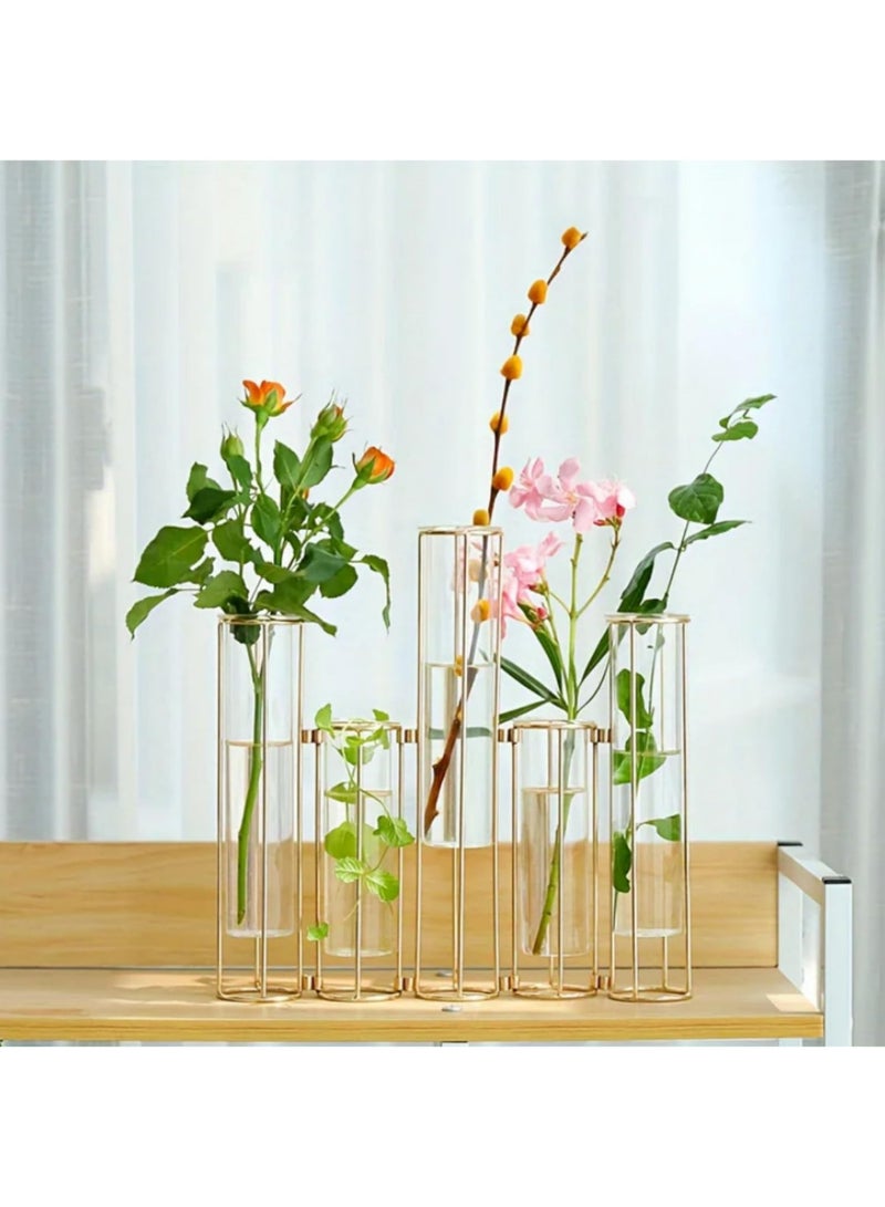 Gold Metal Test Tube Vase with 5 Glass Tubes and Wrought Iron Stand for Wedding Centerpiece Home Decor Table Display Stunning Sturdy Elegant Hydroponic Plant Flower Vase - Image 5
