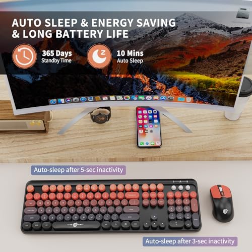 FD Wireless Keyboard and Mouse Combo | Cute Colorful Keyboard and Mouse with 2.4GHz Cordless Retro Typewriter Keyboard | Auto-Sleep | USB Receiver for Windows PC/Laptop - Black Orange Gradient - Image 5