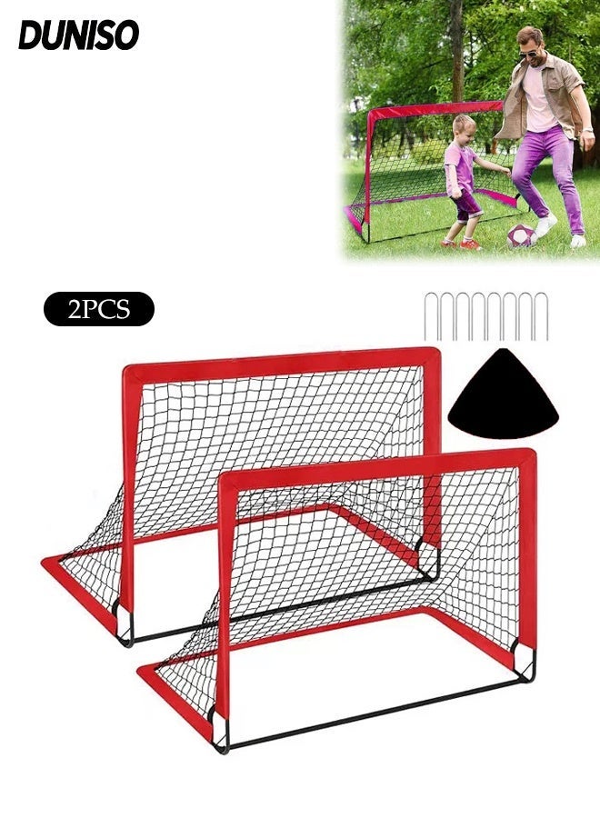 DUNISO Portable Soccer Ball Pit,Pop Up Backyard Goals with Carry Bag, Toddler Football Net for Garden and Outdoor Play,2 Pack Portable Soccer Goals for Kids(120x90 cm, Red) - Image 1