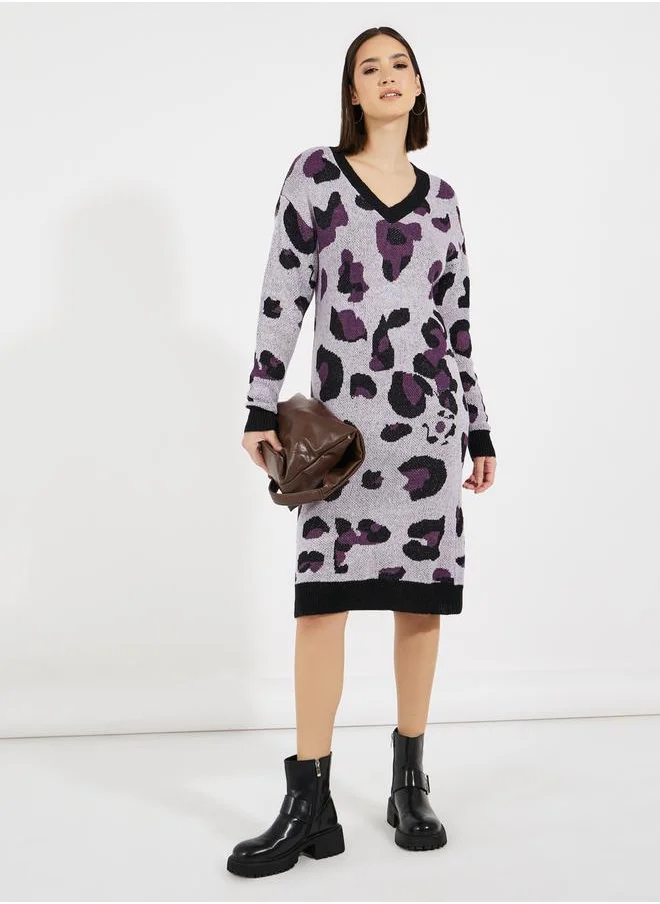 Styli Abstract Long Sleeves Sweater Knee-Length Dress