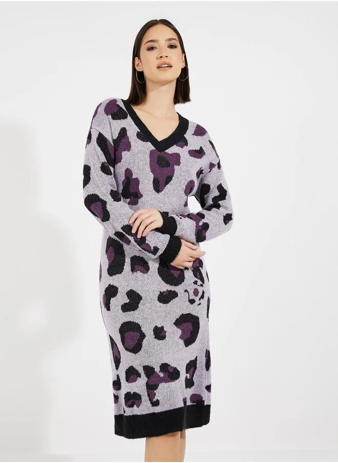 Styli Abstract Long Sleeves Sweater Knee-Length Dress