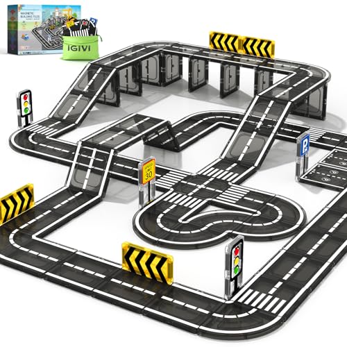 IGIVI Magnetic Tiles Road Toddler Toys Magnet Building Blocks for Kids Ages 35 48 STEM Learning Construction Toys Games Ideal Gifts for 3 Year Old Boys Girls - Image 1