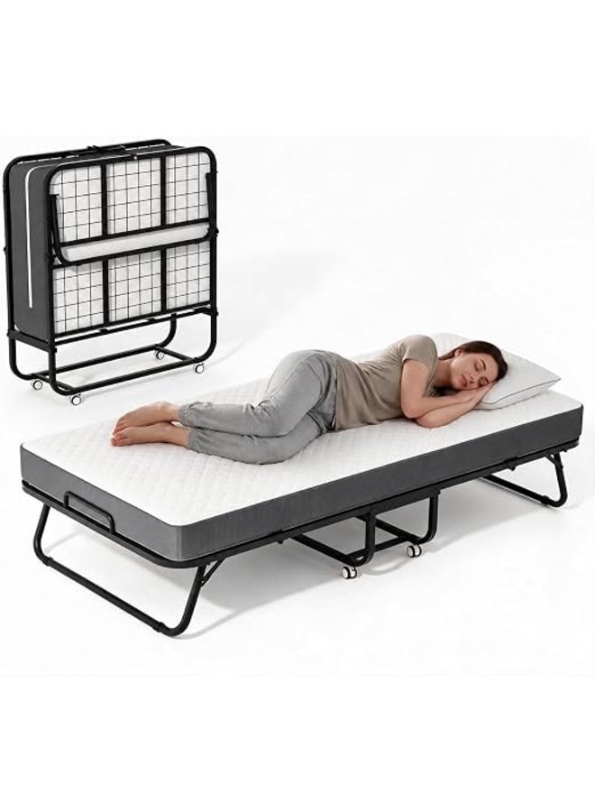 UREVO Folding Bed With Memory Foam Mattress Portable Foldable Beds Strong Sturdy Frame Rollaway Beds For Home And Office 75X31X16 Cm - Image 1