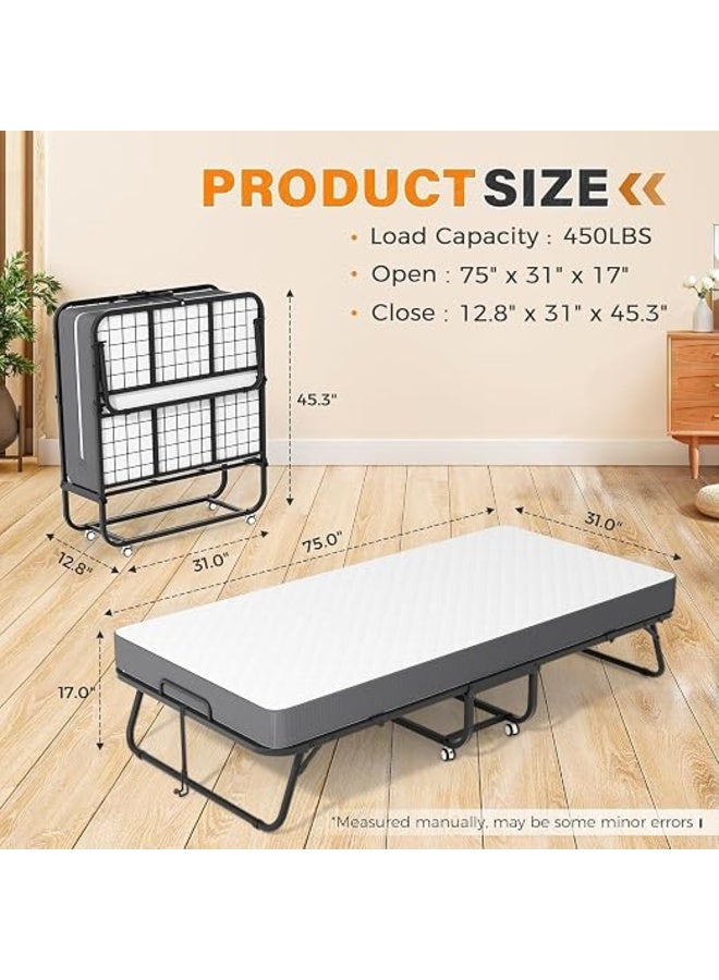 UREVO Folding Bed With Memory Foam Mattress Portable Foldable Beds Strong Sturdy Frame Rollaway Beds For Home And Office 75X31X16 Cm - Image 2