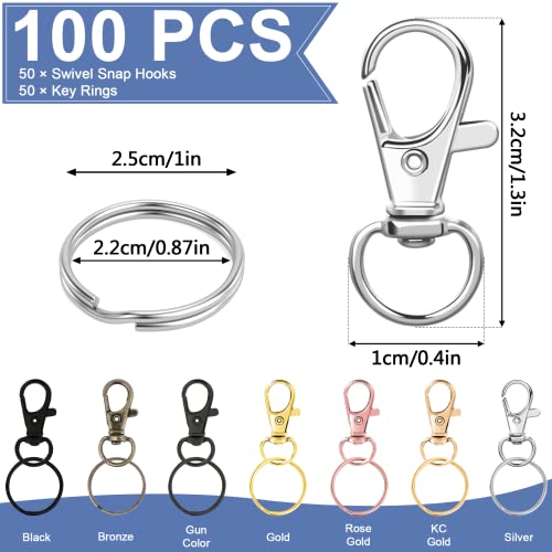 AUGSUN 100PCS Swivel Clasps Lanyard Snap Hooks with Key Rings, Key Chain Clip Hooks Lobster Claw Clasps for Keychains Jewelry DIY Crafts (Multicolor) - Image 2