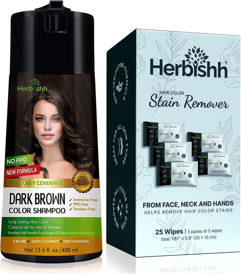 Herbishh PPD-Free Colour Shampoo Dark Brown 400mL + Hair Dye Stain Remover Wipes 5-Pack - Image 1