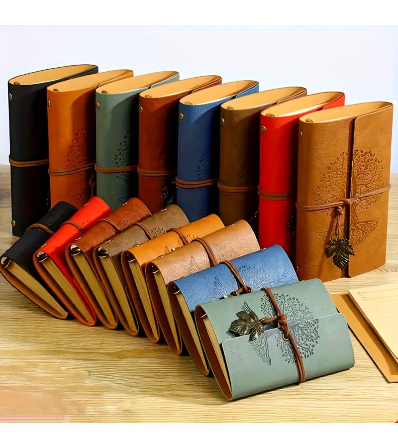 PU Leather Wish Tree Notebook Set Brown 1 Notebook 2 Black Gold Gel Pens 5 Refills Theme Tree Pattern Design Retro Pendants Travel Diary Writing Painting Pocket Book Gift for Travelers - Image 4