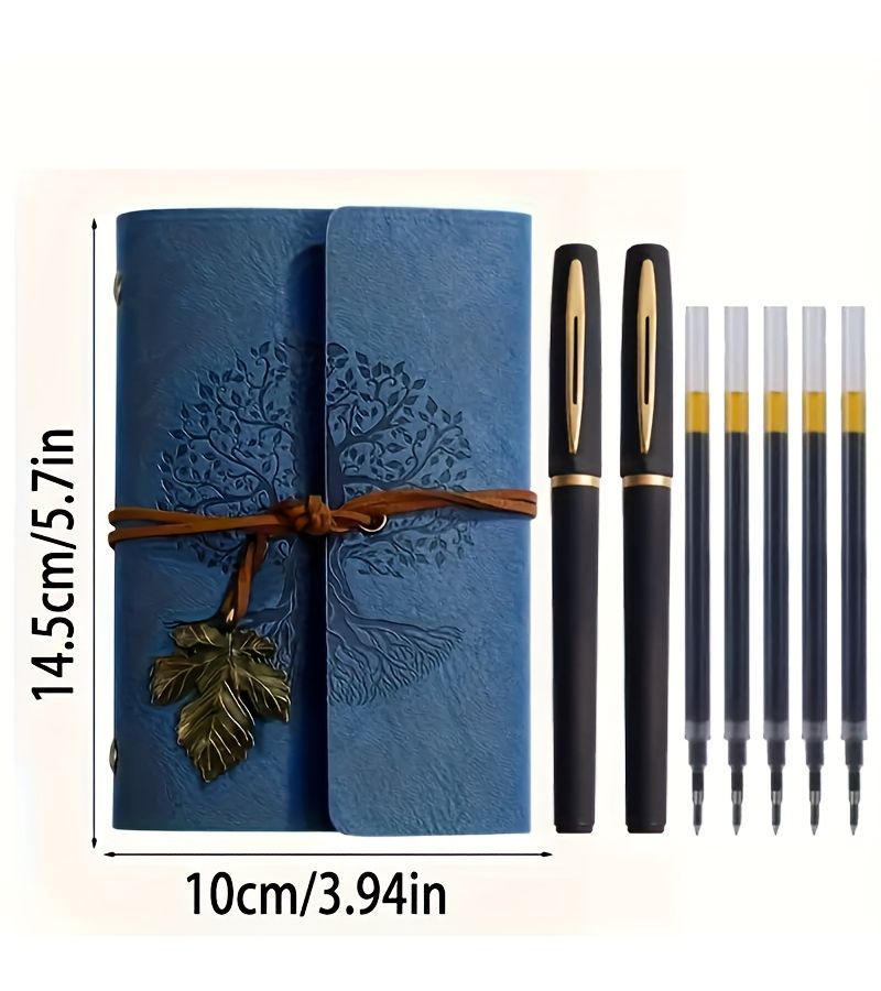 PU Leather Wish Tree Notebook Set Brown 1 Notebook 2 Black Gold Gel Pens 5 Refills Theme Tree Pattern Design Retro Pendants Travel Diary Writing Painting Pocket Book Gift for Travelers - Image 3