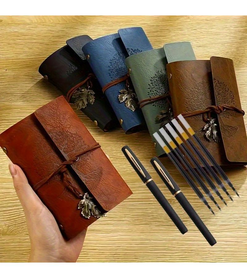 PU Leather Wish Tree Notebook Set Brown 1 Notebook 2 Black Gold Gel Pens 5 Refills Theme Tree Pattern Design Retro Pendants Travel Diary Writing Painting Pocket Book Gift for Travelers - Image 1