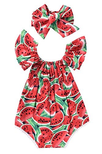 Kashoer Newborn Baby Girls Watermelons Printed Ruffle Bodysuit with Headband (6-12M, Watermelon) - Image 1
