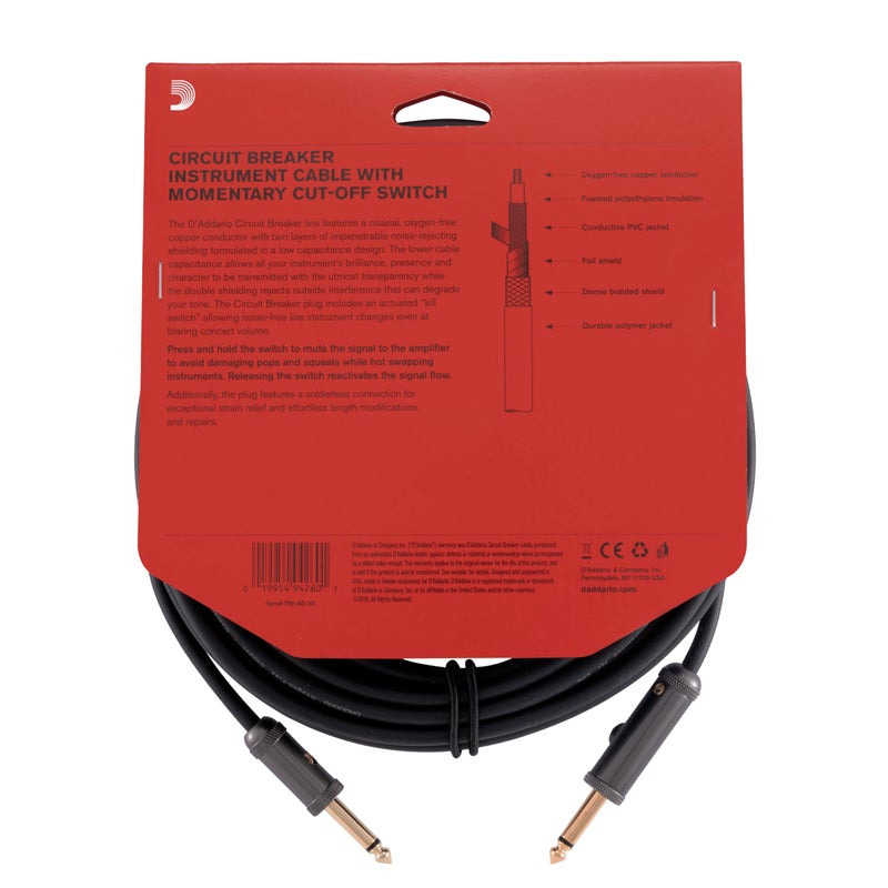 Planet Waves كابل جيتار د'أداريو - سلك جيتار - مفتاح كتم للصمت أثناء تغيير الآلات - 1/4 بوصة ذكر إلى 1/4 بوصة ذكر - كابل قاطع الدائرة - 30 قدم/9.14 متر - نهايات مستقيمة - 1 عبوة - Image 4