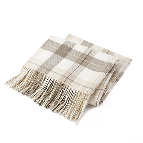 BATTILO HOME Fall Plaid Throw Blanket for Couch, Farmhouse Checkered Decor Throw, Lightweight Beige Throw Blankets for Bed Sofa Neutral Fall Decor, 50"x60" - Image 1