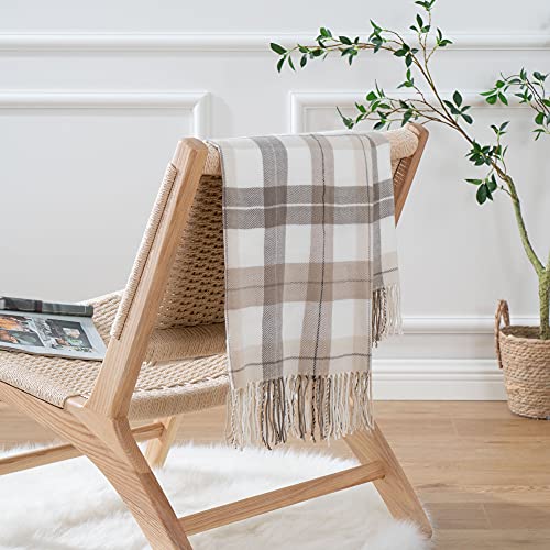 BATTILO HOME Fall Plaid Throw Blanket for Couch, Farmhouse Checkered Decor Throw, Lightweight Beige Throw Blankets for Bed Sofa Neutral Fall Decor, 50"x60" - Image 2