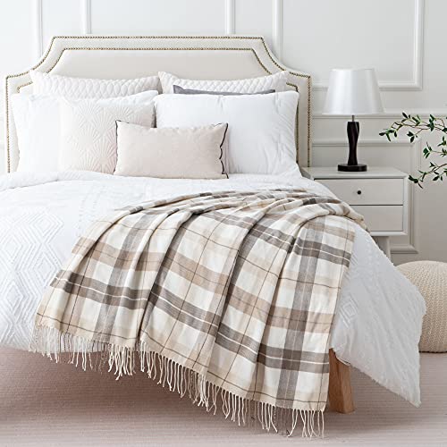 BATTILO HOME Fall Plaid Throw Blanket for Couch, Farmhouse Checkered Decor Throw, Lightweight Beige Throw Blankets for Bed Sofa Neutral Fall Decor, 50"x60" - Image 4