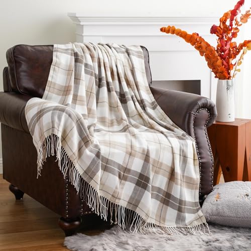 BATTILO HOME Fall Plaid Throw Blanket for Couch, Farmhouse Checkered Decor Throw, Lightweight Beige Throw Blankets for Bed Sofa Neutral Fall Decor, 50"x60" - Image 5