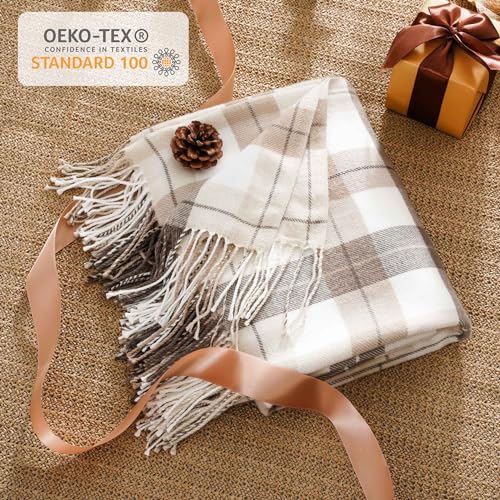 BATTILO HOME Fall Plaid Throw Blanket for Couch, Farmhouse Checkered Decor Throw, Lightweight Beige Throw Blankets for Bed Sofa Neutral Fall Decor, 50"x60" - Image 3