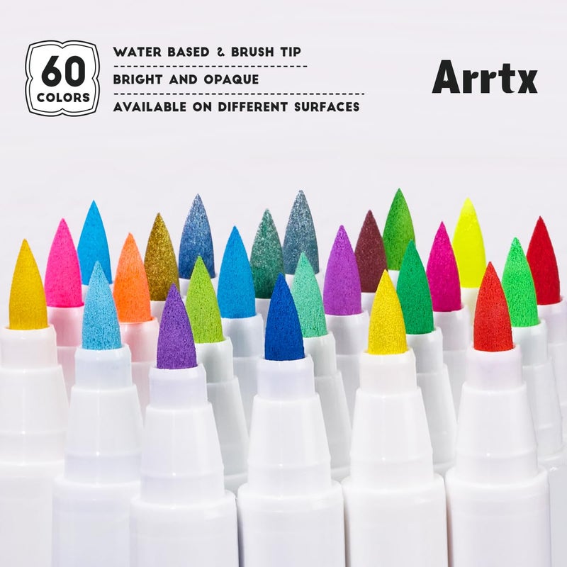 Arrtx Paint Markers Paint Pens 60 Colors, Acrylic Paint Pens Brush Tip for Wood, Canvas, Stone, Rock Painting, Ceramic Surfaces, DIY Crafts Making Art Supplies-with Neon & Metallic & Regular Color - Image 5