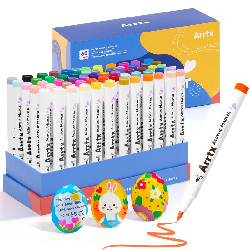 Arrtx Paint Markers Paint Pens 60 Colors, Acrylic Paint Pens Brush Tip for Wood, Canvas, Stone, Rock Painting, Ceramic Surfaces, DIY Crafts Making Art Supplies-with Neon & Metallic & Regular Color - Image 1