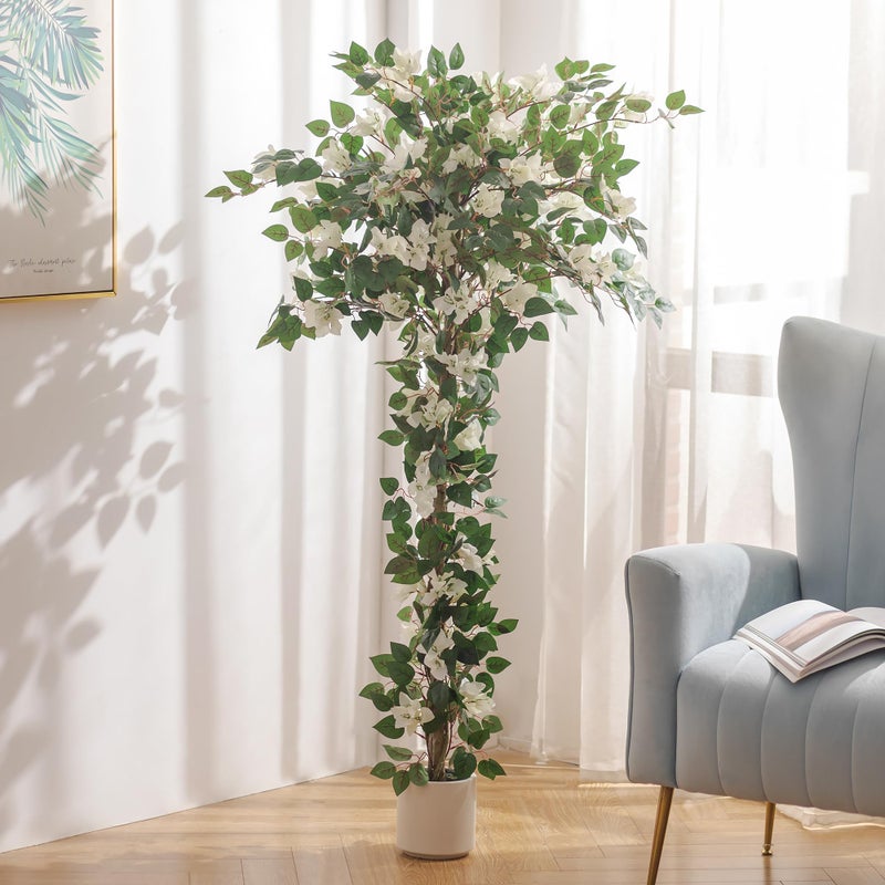 BLOSMON Bougainvillea Artificial Flower Tree: 5ft White Fake Flower Plant for Front Porch Decor - Faux Silk Floral Trees with Pot for Outdoor Garden Patio Indoor Home Office Floor Decoration - Image 1