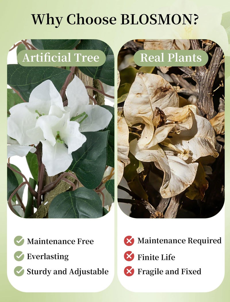 BLOSMON Bougainvillea Artificial Flower Tree: 5ft White Fake Flower Plant for Front Porch Decor - Faux Silk Floral Trees with Pot for Outdoor Garden Patio Indoor Home Office Floor Decoration - Image 3