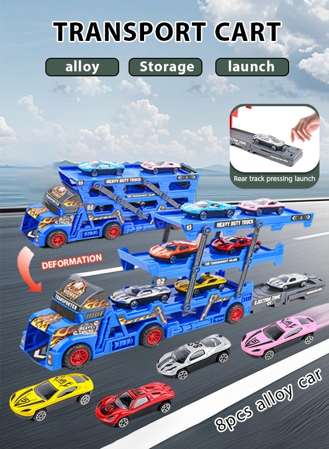Foldable toy truck 8Pcs Racer Vehicle With Container Truck Catapult folding container truck toy Folding container toy car Alloy car toy set Multi layer storage Boy's toy car  - Image 1