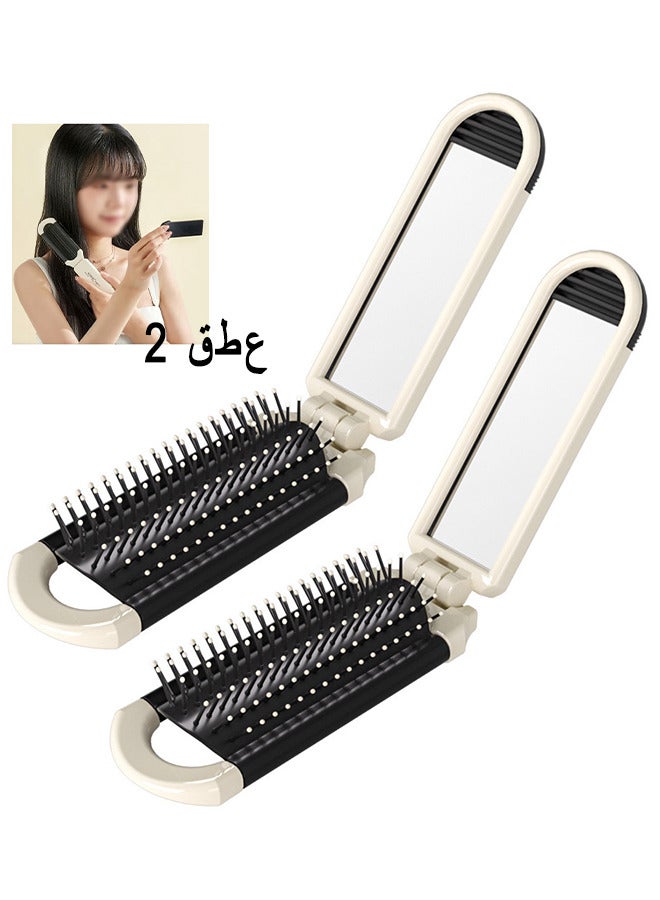 Depend 2 Pack Folding Hair Mini Brush With Mirror Portable Travel Hair Brush Air Cushion Comb Pocket Hair Styling Brush Hair Massage Brush for Women Men - Detangle Smooth And Style Any Hair Type - Image 1