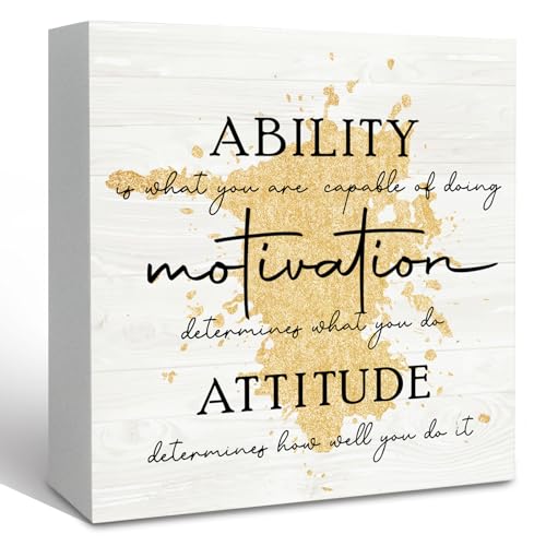 KFXHANGD Gold Office Inspirational Quotes Wooden Box Sign Desk Decor, Ability Motivation Attitude Decorative Signs, Motivational Home Shelf Desk Decor 5x5 Inch - Image 1