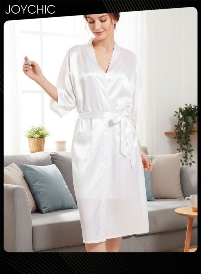 Joychic 2-piece Spring and Autumn Solid Color Women V-neck Nightgown with Suspenders Ice Silk Smooth and Comfortable Mid-length Indoor Pajamas White - Image 1
