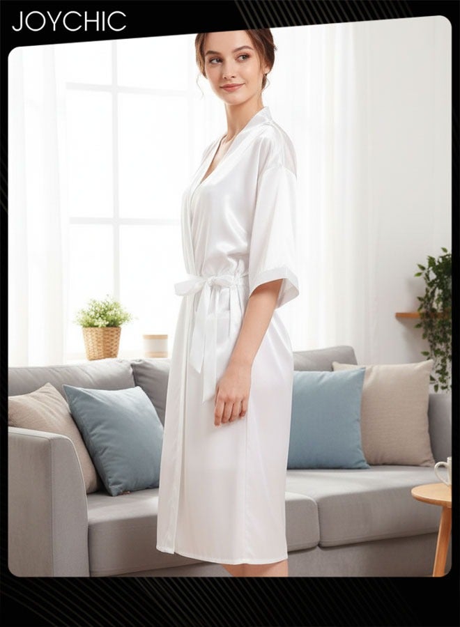Joychic 2-piece Spring and Autumn Solid Color Women V-neck Nightgown with Suspenders Ice Silk Smooth and Comfortable Mid-length Indoor Pajamas White - Image 2