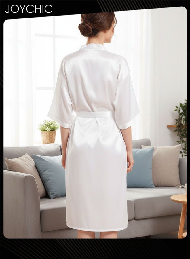 Joychic 2-piece Spring and Autumn Solid Color Women V-neck Nightgown with Suspenders Ice Silk Smooth and Comfortable Mid-length Indoor Pajamas White - Image 3