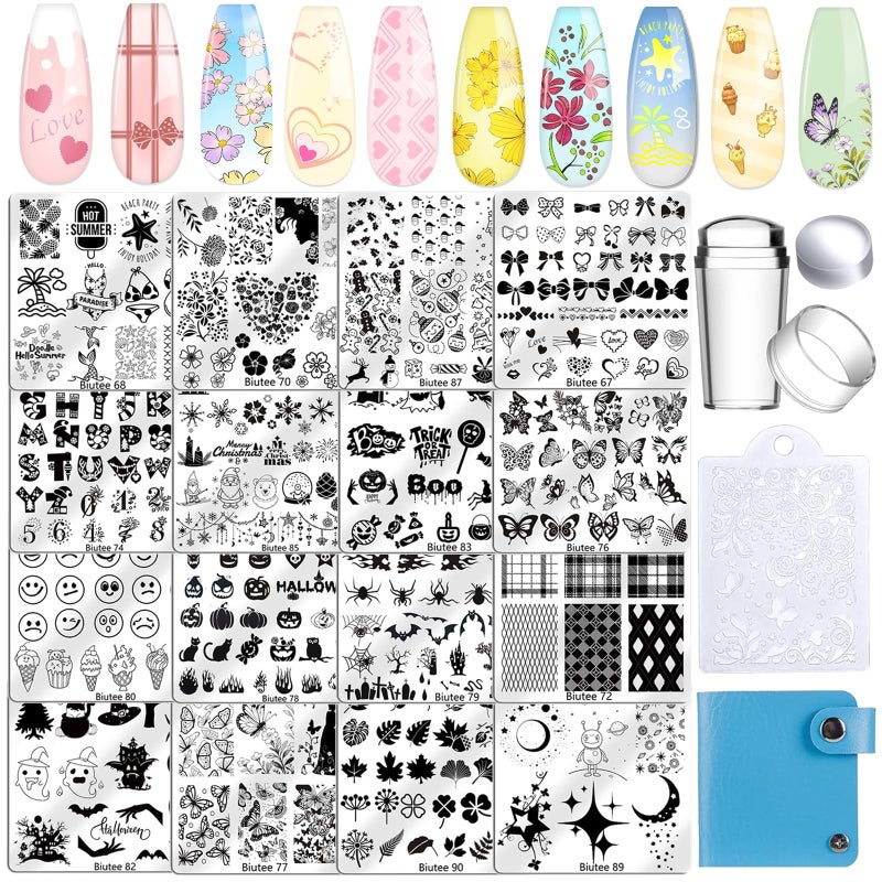 Biutee Nail Stamping Plates Set 16PCS Nail Stamper Kit with Nail Stamper, Scraper & Storage Bag Nail Art Stamping Plates Butterfly Star Flower Leaf Bowknot Design Nail Stamping Kit - Image 1