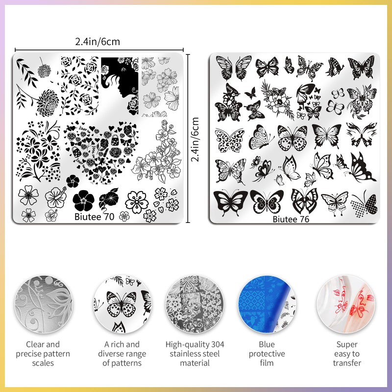 Biutee Nail Stamping Plates Set 16PCS Nail Stamper Kit with Nail Stamper, Scraper & Storage Bag Nail Art Stamping Plates Butterfly Star Flower Leaf Bowknot Design Nail Stamping Kit - Image 5