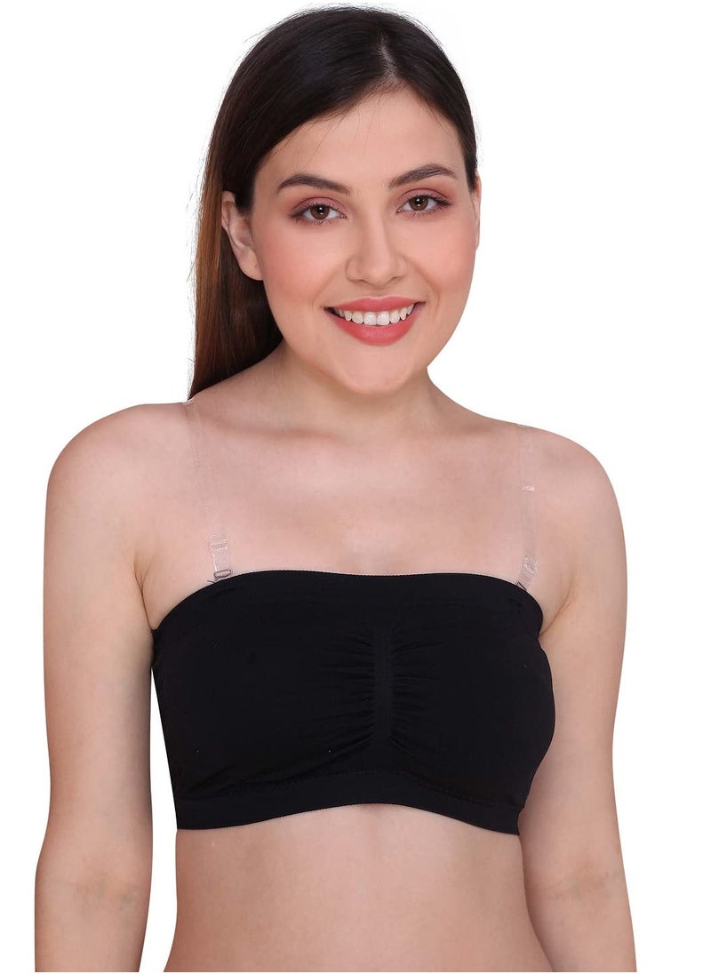 Glamroot - Women's Padded Seamless Strapless Multi Way Tube Bra with Back Hook & Removable Pads Black & Beige - Image 1