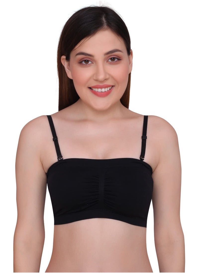 Glamroot - Women's Padded Seamless Strapless Multi Way Tube Bra with Back Hook & Removable Pads Black & Beige - Image 1