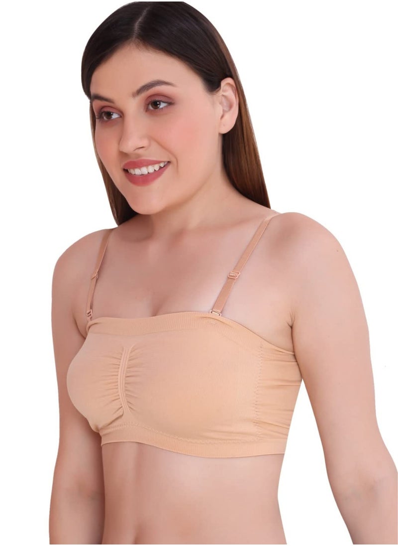 Glamroot - Women's Padded Seamless Strapless Multi Way Tube Bra with Back Hook & Removable Pads Black & Beige - Image 1
