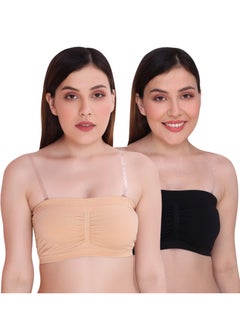Women's Padded Seamless Strapless Multi Way Tube Bra with Back Hook & Removable Pads Black & Beige