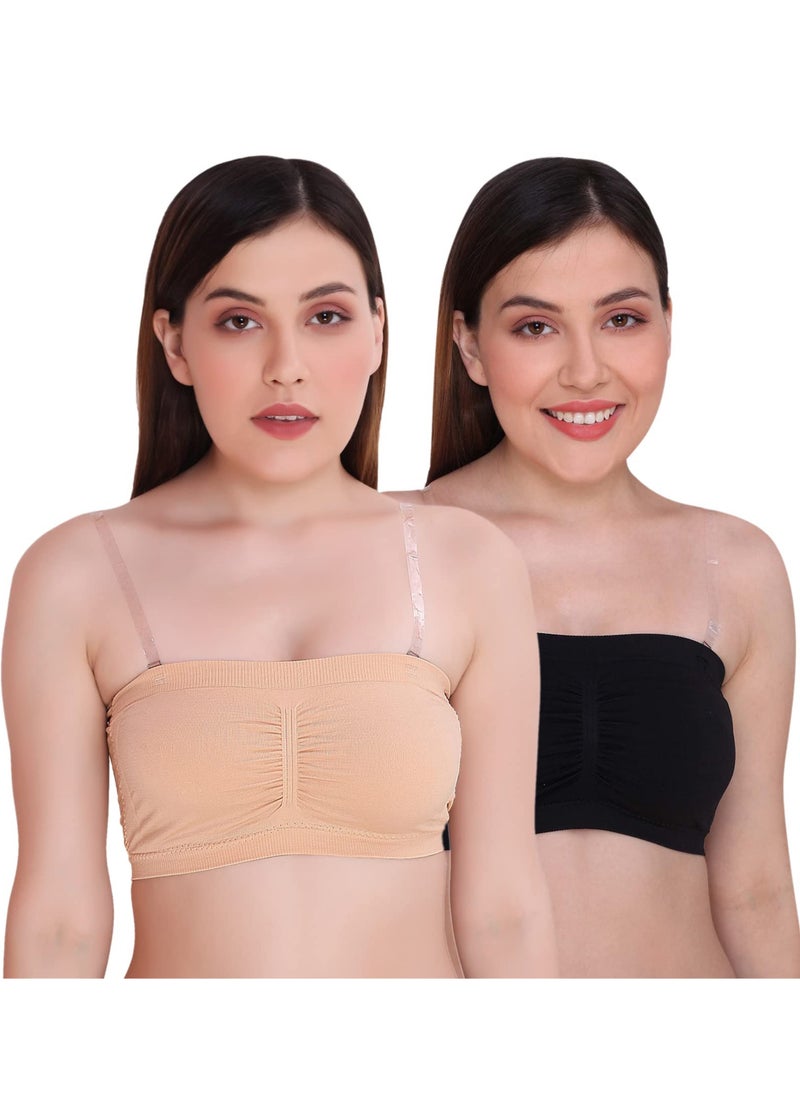 Glamroot - Women's Padded Seamless Strapless Multi Way Tube Bra with Back Hook & Removable Pads Black & Beige - Image 1