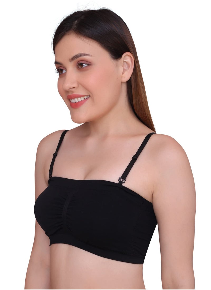 Glamroot - Women's Padded Seamless Strapless Multi Way Tube Bra with Back Hook & Removable Pads Black & Beige - Image 1