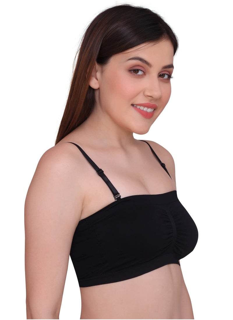 Glamroot - Women's Padded Seamless Strapless Multi Way Tube Bra with Back Hook & Removable Pads Black & Beige - Image 1