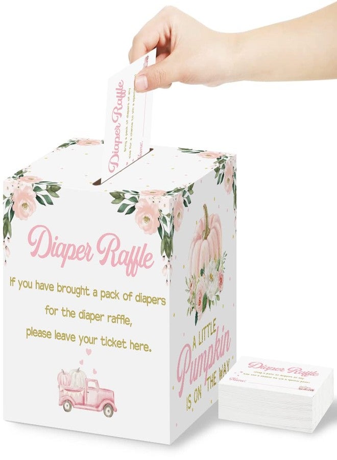 Aukolass Diaper Raffle Card Box with 50 Pcs Pumpkin Diaper Raffle Tickets, Autumn Floral Pumpkin Diaper Raffle Card Box for Baby Shower Games Gender Reveal Party Invitation Insert Card Game (Pink) - Image 1