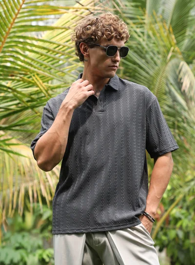 Campus Sutra Men's Charcoal Grey Spiralknot-Tactile Polo T-Shirt For Casual Wear | Polo Neck | Short Regular Sleeves | Half-Button Closure | T-Shirt Crafted With Comfort Fit For Everyday Wear