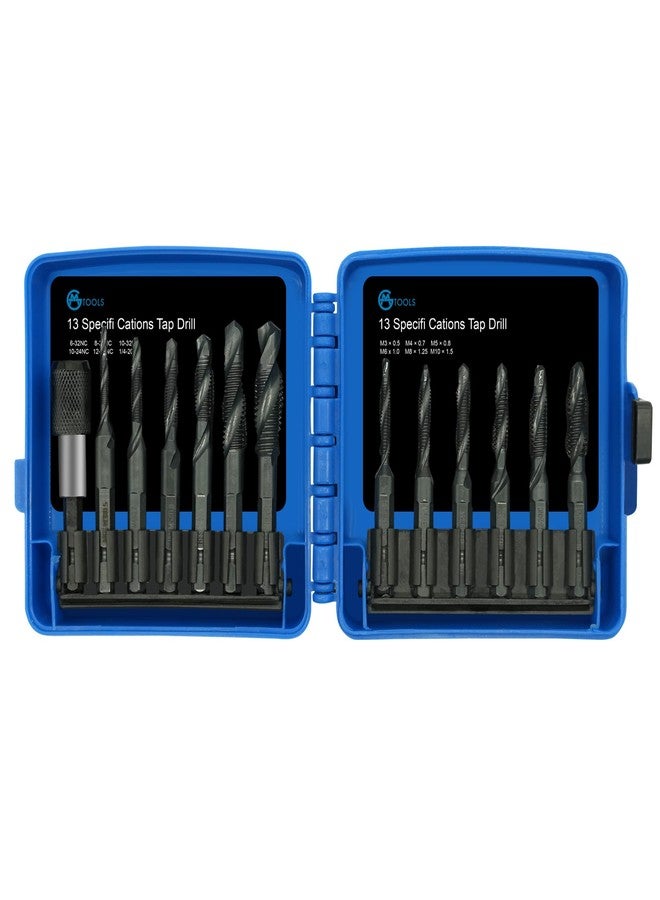 GMTOOLS Combination Drill and Tap Bit Set with Quick-Change Adapter of 13Pcs, 6 SAE Sizes: 6-32NC to 1/4-20NC, 6 Metric Sizes: M3 to M10,Suitable for Drilling Tapping Threading Countersinking - Image 1