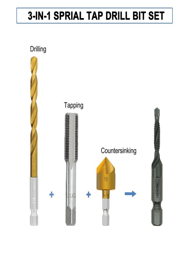 GMTOOLS Combination Drill and Tap Bit Set with Quick-Change Adapter of 13Pcs, 6 SAE Sizes: 6-32NC to 1/4-20NC, 6 Metric Sizes: M3 to M10,Suitable for Drilling Tapping Threading Countersinking - Image 5