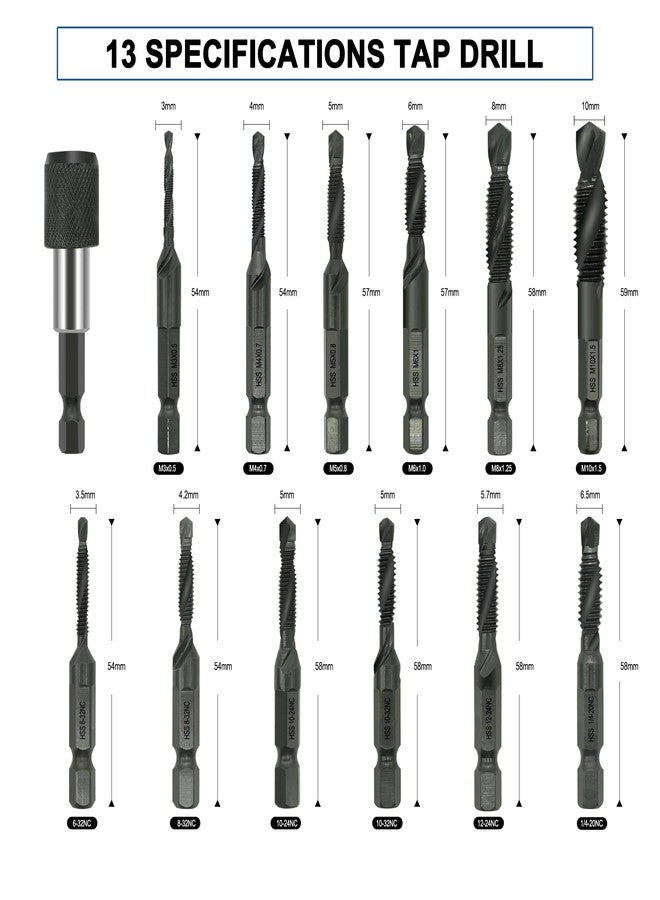 GMTOOLS Combination Drill and Tap Bit Set with Quick-Change Adapter of 13Pcs, 6 SAE Sizes: 6-32NC to 1/4-20NC, 6 Metric Sizes: M3 to M10,Suitable for Drilling Tapping Threading Countersinking - Image 2