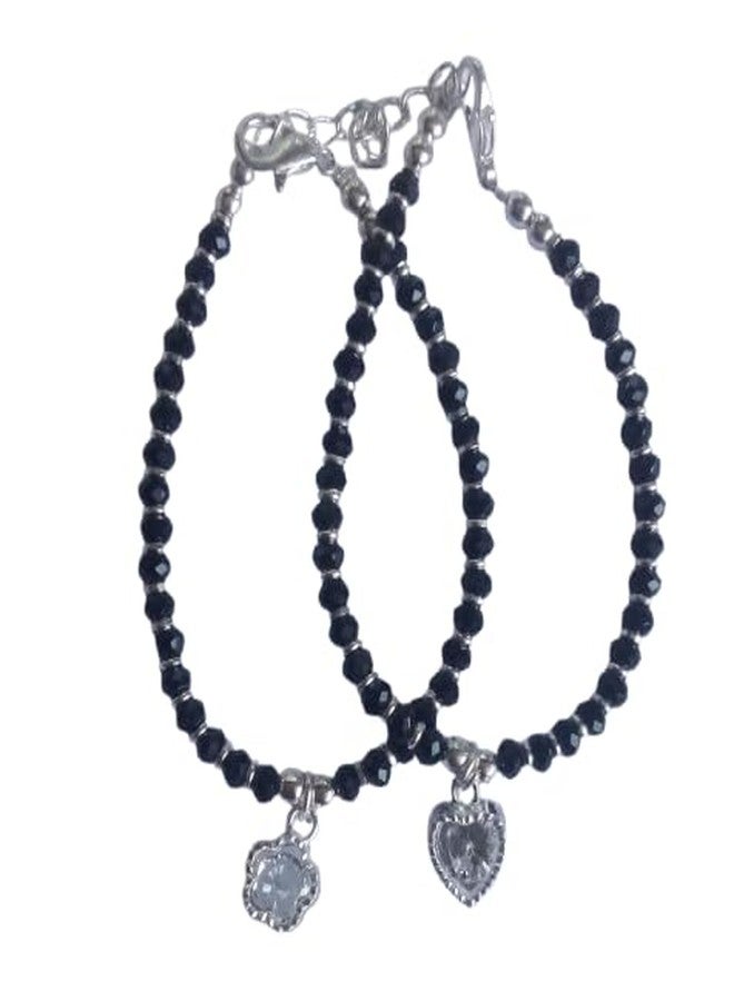 Bhumi Creation Black Crystal Beaded Anklet with Heart Charm, Silver-Toned Heart Pendant, Adjustable Chain - Image 1