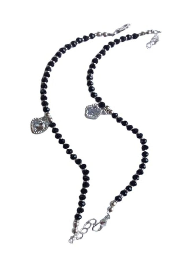 Bhumi Creation Black Crystal Beaded Anklet with Heart Charm, Silver-Toned Heart Pendant, Adjustable Chain - Image 2