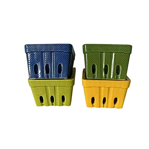 First of a Kind Stoneware Berry Baskets Set of 4 Berry Containers Bowl Multicolor 425 Inch Square kitchen Fruit Basket Farmhouse Ceramic Berry Basket Bins for Veggie Berry Fruits Style 8