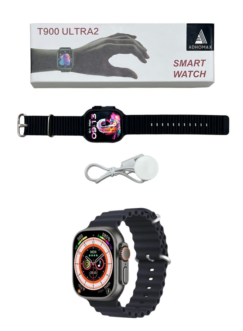 adhomax New T900 Ultra 2 smart watch Elegant Design 2.2" NFC, infinite display, Fitness Tracker, Heart Rate, Bluetooth, Wireless Charging, works with IOS and android, for men and women - Image 1